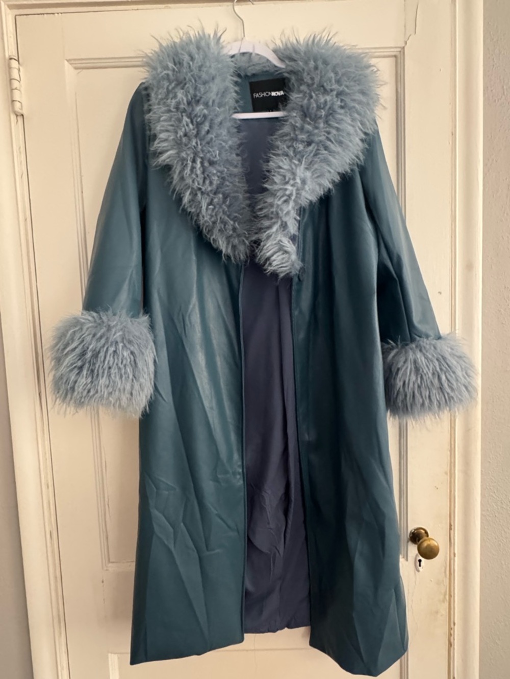 Blue-Green Faux Leather Trench Coat with Faux Fur Trim